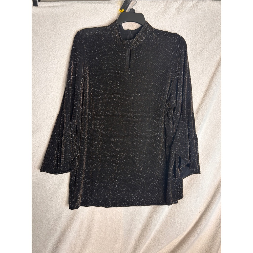 Nygard Black Gold Metallic Mock Neck Keyhole Bell Sleeve Blouse 2X
